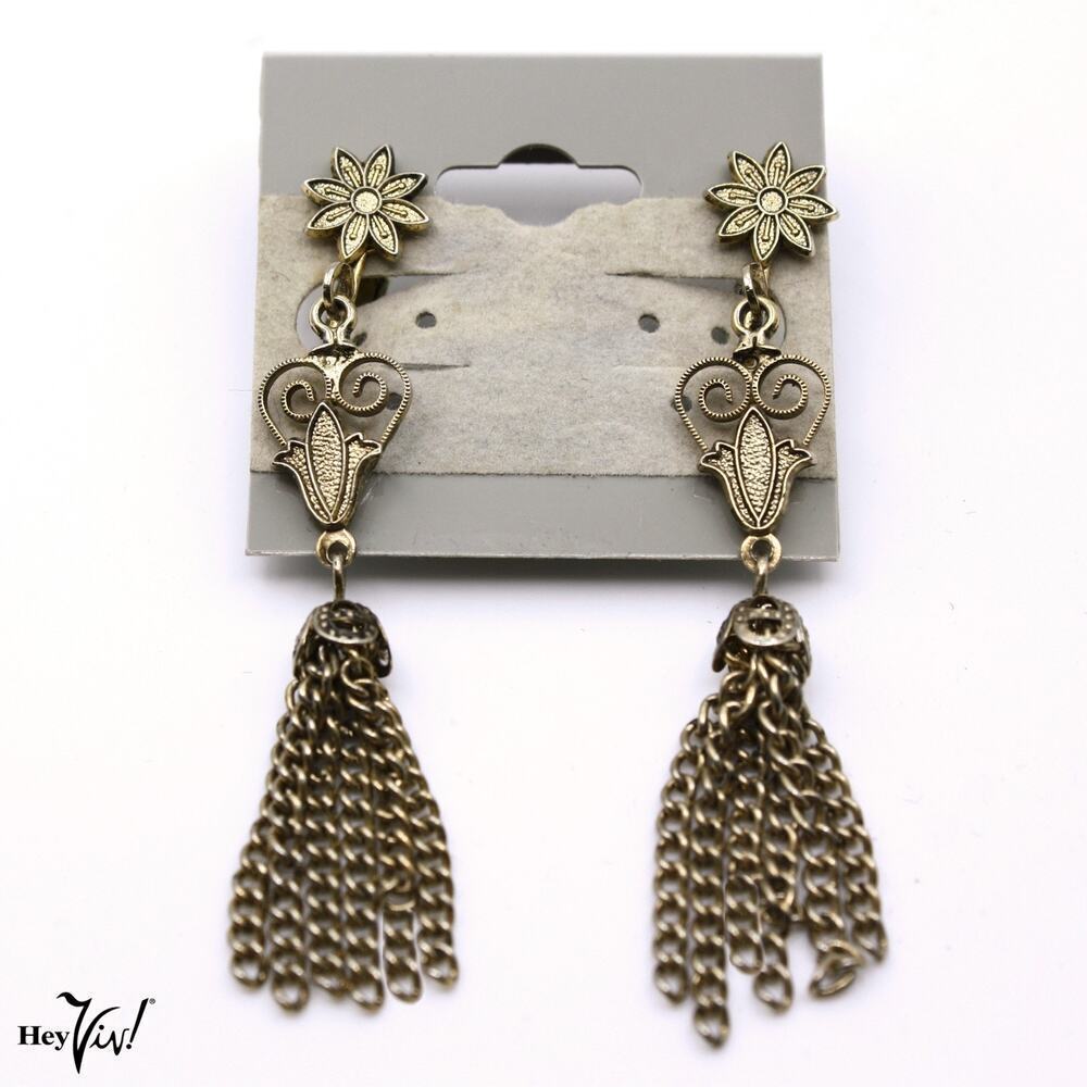 Vintage Filigree Fringe Dangle Clip On Earrings Boho Retro 2.25" Long - Hey Viv